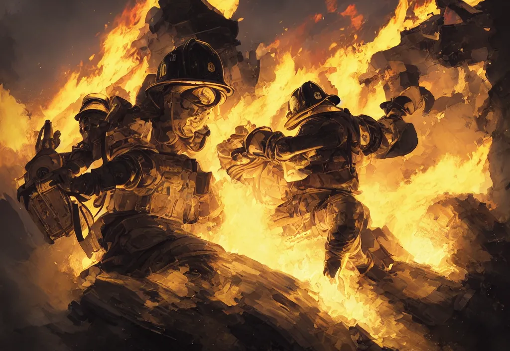 Image similar to heroic firefighter in action in black and yellow uniform, fire flames, sharp details, sharp focus, elegant, highly detailed, illustration, by jordan grimmer and greg rutkowski and pine ( ハイネ ) and 薯 子 imoko and 香 川 悠 作 and wlop and maya takamura, intricate