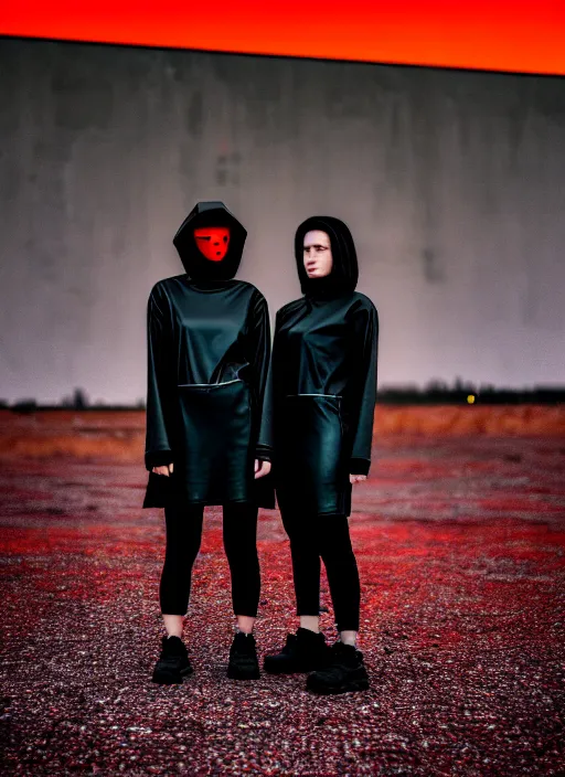 Image similar to cinestill 5 0 d photograph of 2 women wearing black techwear in front of a brutalist sharp - edged metal building, closeup, on a desolate plain with a red sky, dystopia, cyberpunk, 4 k, 8 k, hd, full color