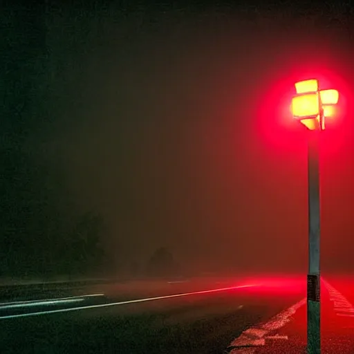 Prompt: A stunningly beautiful award-winning 8K high angle close up cinematic movie photograph of a 4-way stop light in a spooky foggy empty lightless moonlit main intersection in an abandoned 1950s small town at night, by David Fincher and Darius Khonji, perfect composition, from roofline, moody low key backlit. Color palette from Seven, greens yellows and reds. 2 point perspective, high angle from 15 feet off the ground. Octane render