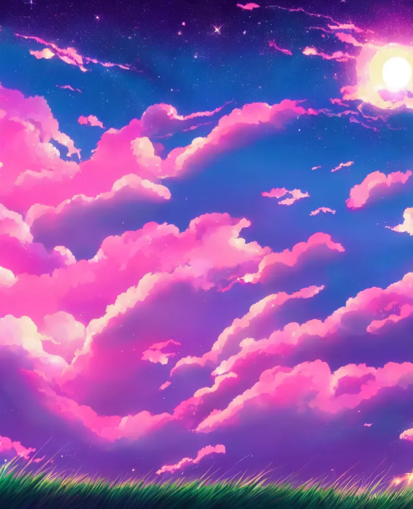 Prompt: anime sky stars cosmos pink sunset comets grass sun 8 k uhd