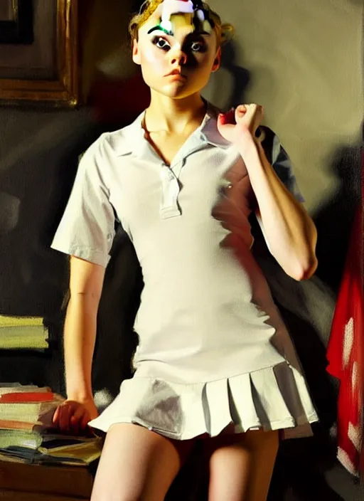 Prompt: oil painting of annasophia robb in a learning uniform, looking furious, startled, stockings, looking seductively attire by John Singer Sargent, Bryan Lee O'Malley, Edward Hopper