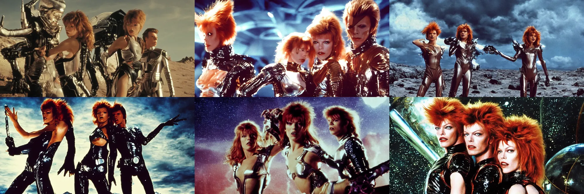 Prompt: a portrait of milla jovovich and david bowie as barbarella wearing a rocknroll glamour spacesuit, beautiful, heroic action pose, soft focus, depth of field, stunning alien landscape, cinematic, film grain, wide shot, in the style of kubrick, ridley scott, jodorowsky, dune, star wars, unreal engine