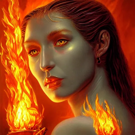 Image similar to A stunning portrait of a goddess, her body made of flames, by Jim Burns, 8K UHD, intricate, fantasy