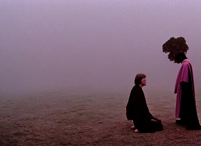 Image similar to screenshot portrait of Luke skywalker kneels before a strange jedi oracle in a foggy pink land. still from the 1983 film directed by Alejandro Jodorowsky. holy mountain, Photographed with Leica Summilux-M 24 mm lens, ISO 100, f/8, Portra 400
