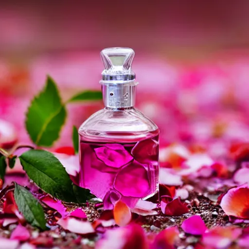 Image similar to perfume bottle surrounded by deep pink romantic rose petals, dew drops, f 2 0, soft femme, romantic simple path traced, environment, up close shot