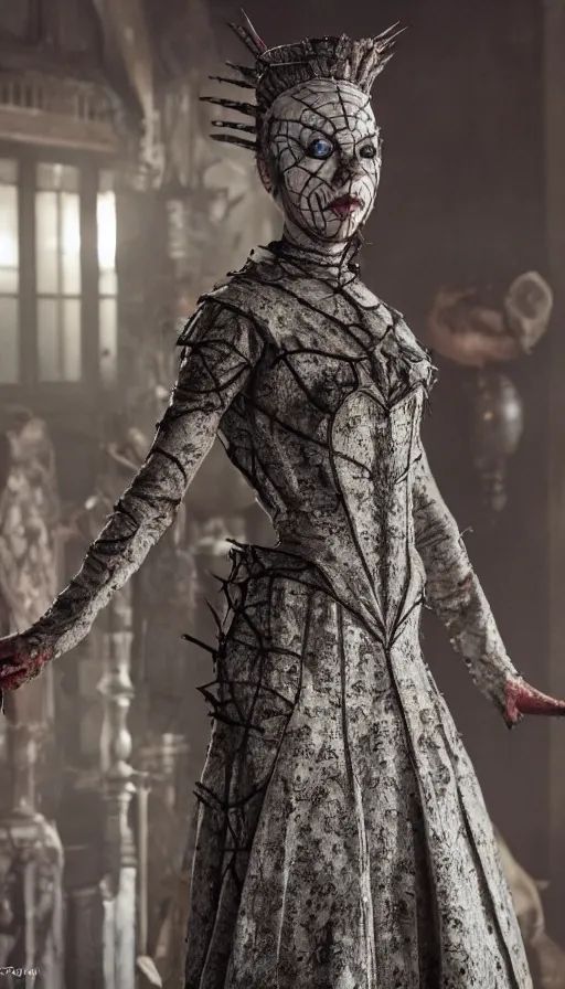 Image similar to dressed anya taylor - joy as pinhead, symmetrical, cinematic, elegant, dark, real photography, costume made by clive barker, 4 k, ultra hd, sense of awe