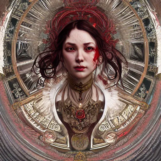 Image similar to whirling ornate intricate portrait of a bloodied filigreed butcher, rippling, warping, ultra realistic, concept art, intricate details, eerie, highly detailed, photorealistic, octane render, 8 k, unreal engine. art by artgerm and greg rutkowski and alphonse mucha