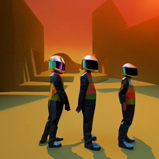 Image similar to 3D low-poly render of miniature daft punk kids standing back to back, twilight zone background, illustration, artgerm, octane render, inspired by Greg rutkowski, colorful, studio lighting, full body,