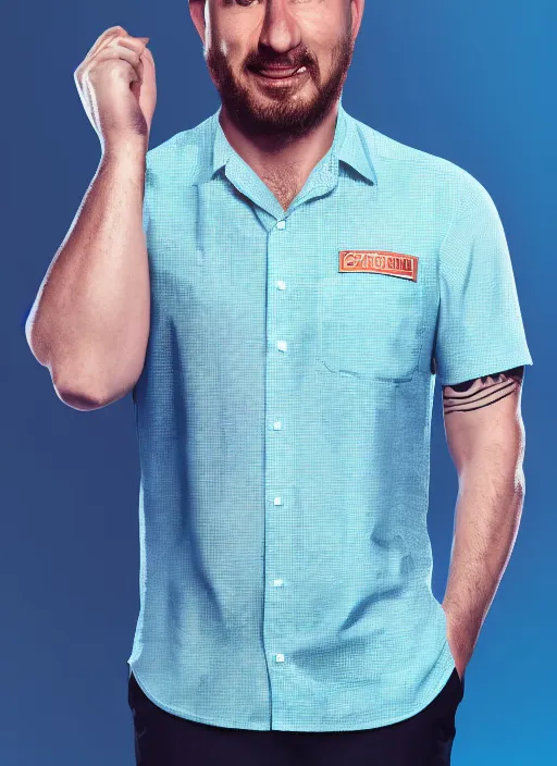 Image similar to 3 2 - year - old sporty man, short stubble, wearing tropical short sleeve shirt and speedo, character design, octane render, 8 k, portrait