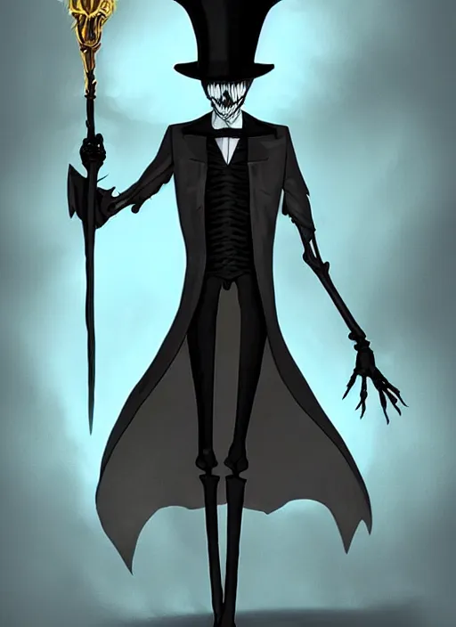 Prompt: DND character concept, Tall skeletal figure, wearing a deep black suit!!! and tie and top hat, holding a golden cane. Surrounded by light blue!!! flames!!