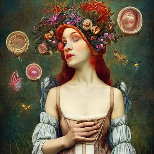 Image similar to a detailed portrait of young woman in renaissance dress and a surreal renaissance headdress, very surreal garden, cyberpunk, surreal tea party, strange creatures, by christian schloe and botticelli, naotto hattori, amy sol, roger dean, moody colors