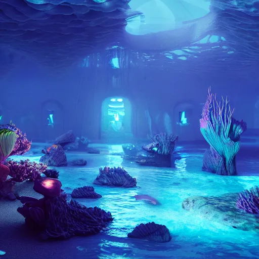 Image similar to inside a an ethereal underwater mermaid city, extremely detailed, 8k, HDR, award-winning, octane render, trending on artstation, volumetric lighting