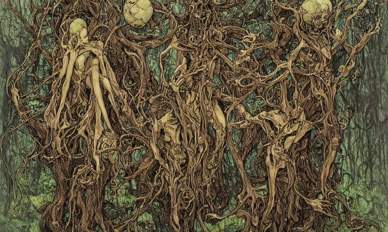 Image similar to hyperdetailed art nouveau portrait of treebeard and old groot as a cthulhu eyeball moose skull wendigo swamp thing creatures, by michael kaluta, pushead and bill sienkiewicz, photorealism, claws, skeleton, antlers, fangs, forest, wild, bizarre, scary, lynn varley, lovern kindzierski, steve oliff