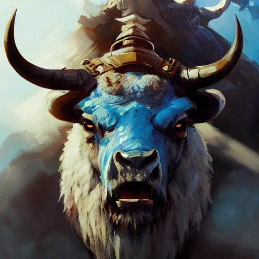 Image similar to angry blue bison portrait by greg rutkowski and frank frazetta, dark fantasy, blue, artstation