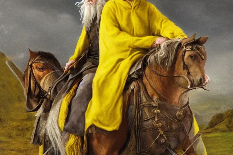 Prompt: Portrait of Gandalf with a yellow hat riding a horse, photo