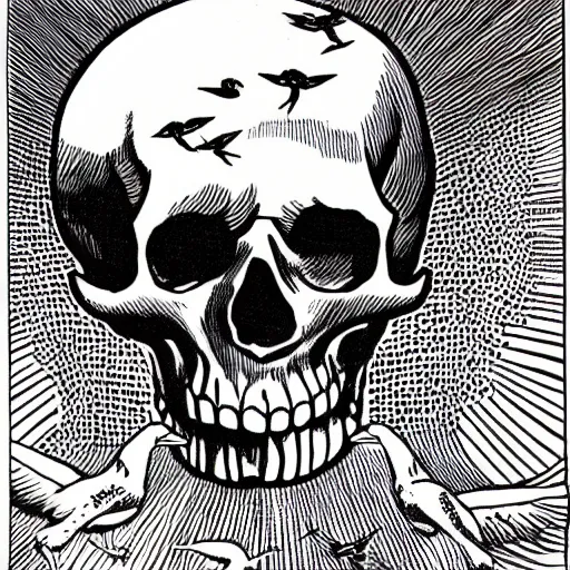 Prompt: black and white comic book illustration of a skull with birds flying out of its mouth
