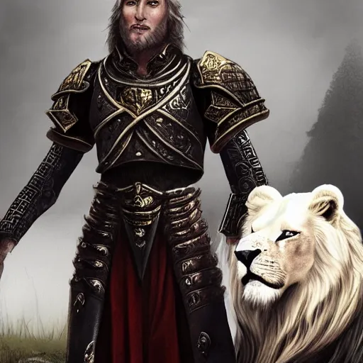 Image similar to an image of Godfrey the first Elden Lord posing with a white lion after the battle, photorealistic, Artstation, digital art, high contrast, sharp focus