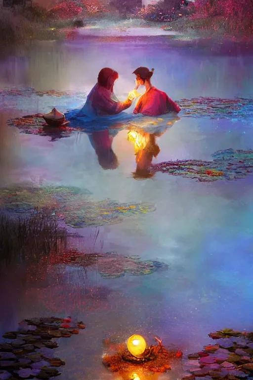 Image similar to nenufar in a pond, colorful, blue backgroung,clean, joyful, intricate, elegant, volumetric lighting, scenery, digital painting, highly detailed, artstation, sharp focus, illustration, concept art, ruan jia, steve mccurry