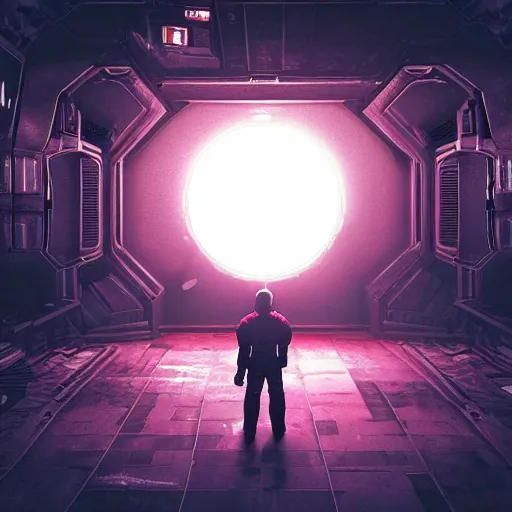 Image similar to ultra realistic, astronaut standing inside of an eerie space cathedral surrounded by cultists, there’s a large obsidian vortex floating above, black and red background, occult, photo realistic, dark atmosphere