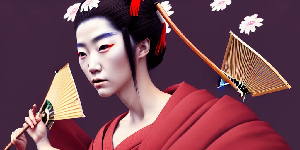 Image similar to painting of japanese geisha wielding a fan, immaculate scale, hyper-realistic, Unreal Engine, Octane Render, digital art, trending on Artstation, 8k, detailed, atmospheric, immaculate