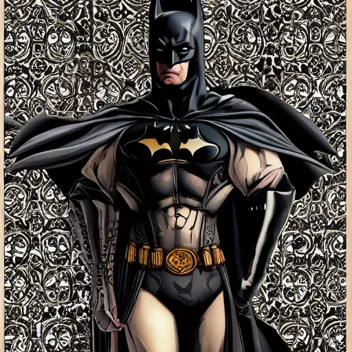 Image similar to portrait of batman, baroque style, elegant, beautiful, mesmerizing, concept art, fancy clothing, highly detailed, artstation, behance, deviantart, inspired by innocent manga, inspired by castlevania concept art, trending, ayami kojima, shinichi sakamoto