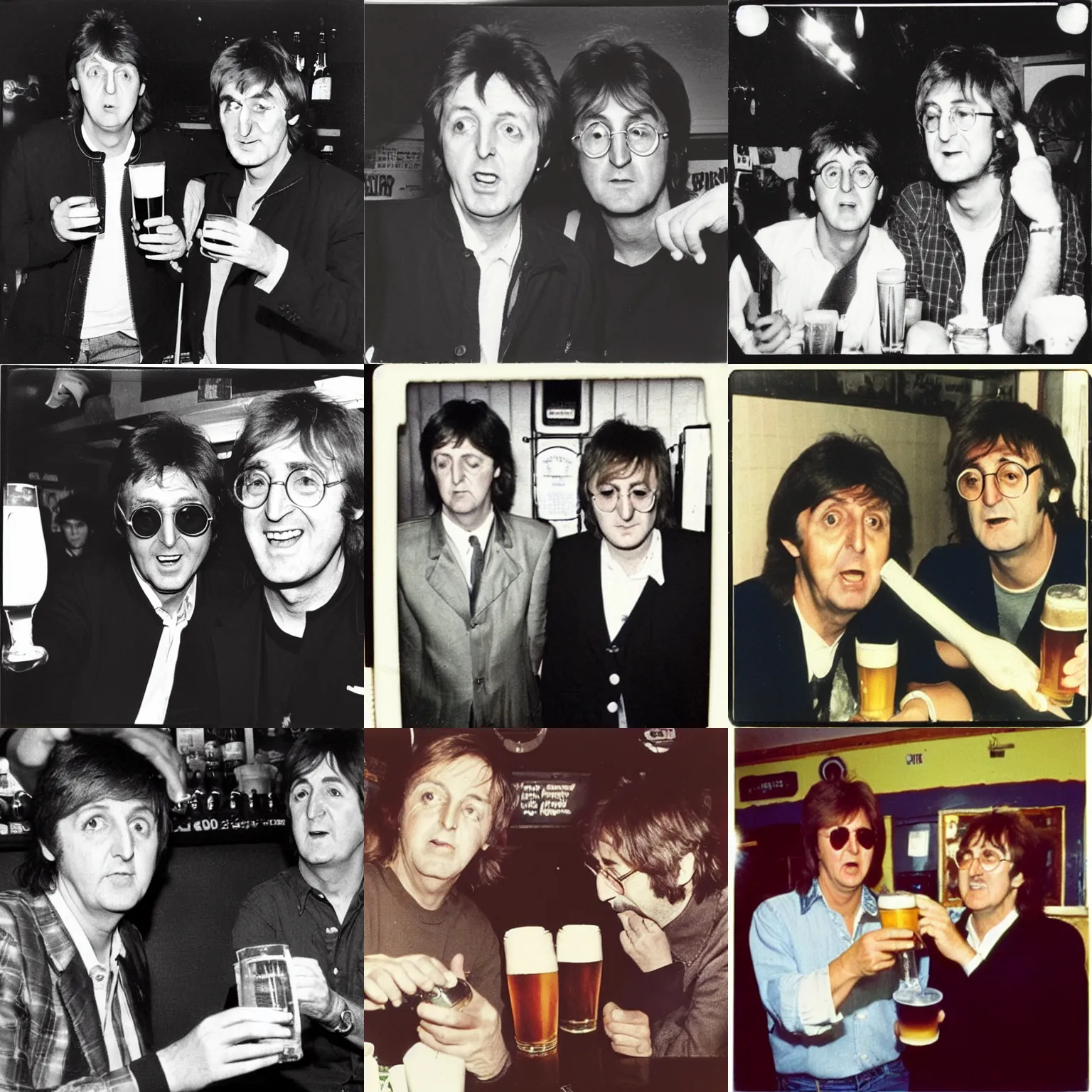 Prompt: Paul Mccartney and old John Lennon drinking beer at a dirty pub, 1990s, polaroid