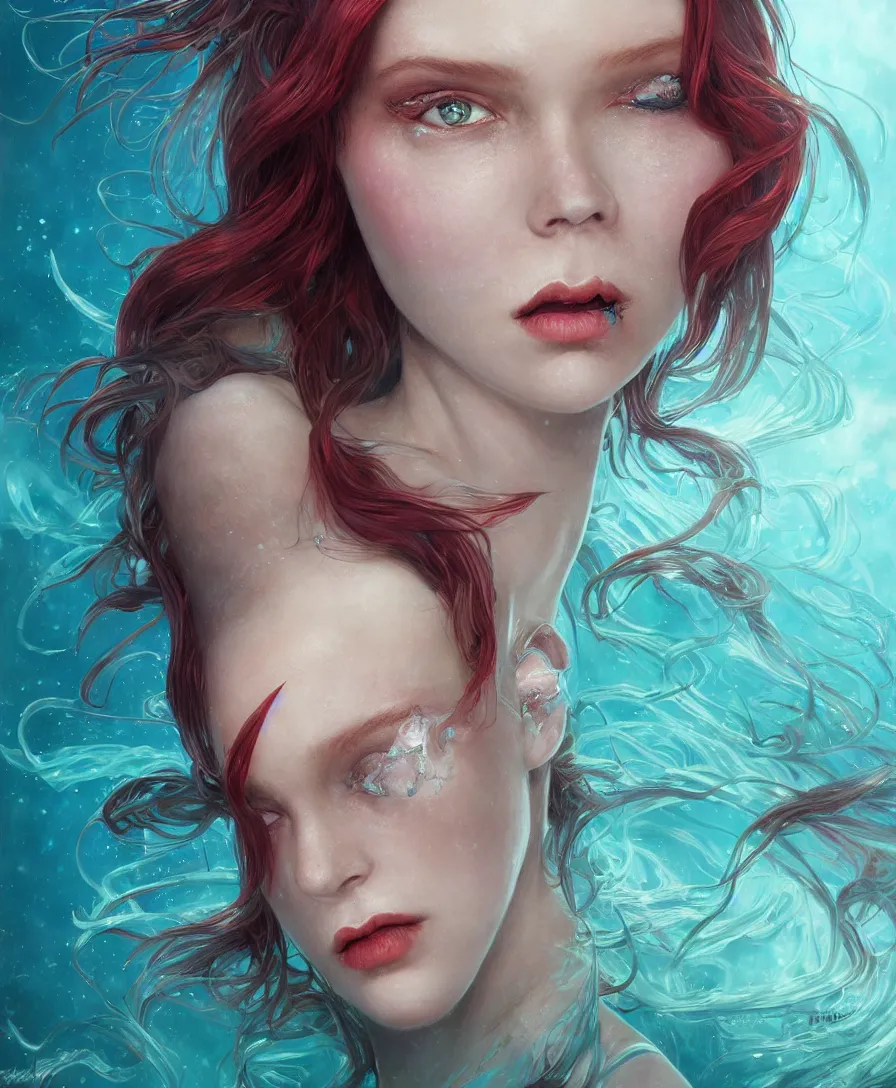 Image similar to Hyperrealistic close-up portrait of zombie mermaid young woman with red hair, alone in turquoise underwater, D&D, fantasy, intricate, elegant, highly detailed, digital painting, trending artstation, concept art, smooth, sharp focus, illustration, art by artgerm and greg rutkowski and alphonse mucha