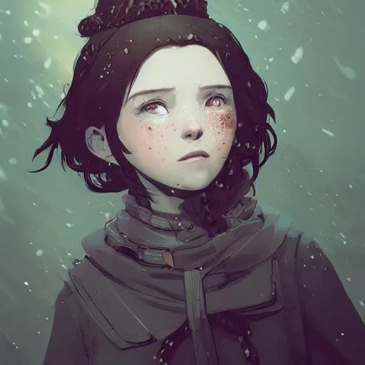 Image similar to Highly detailed portrait of a frostpunk young lady with, freckles and wavy hair by Atey Ghailan, by Loish, by Bryan Lee O'Malley, by Cliff Chiang, by Greg Rutkowski, inspired by image comics, inspired by graphic novel cover art, inspired by nier!! Gradient color scheme ((grafitti tag brick wall background)), trending on artstation