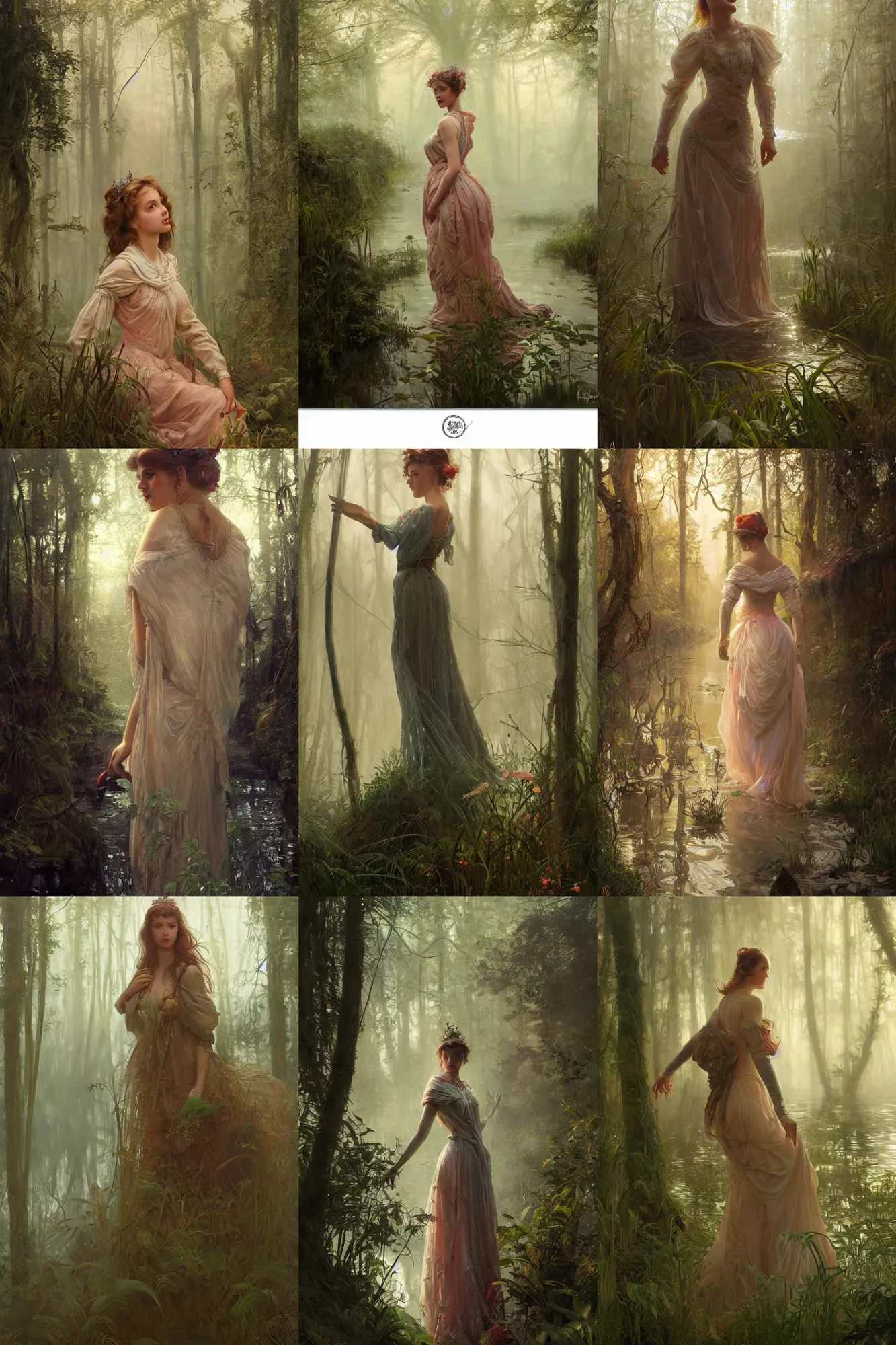 Prompt: hyperdetailed portrait of a young princess, hyperdetailed background overgrown swamp, thick fog, dynamic pose, wet gown, glowing lights, digital painting, artstation, smooth, in the style of norman rockwell and alphonse mucha and greg rutkowski