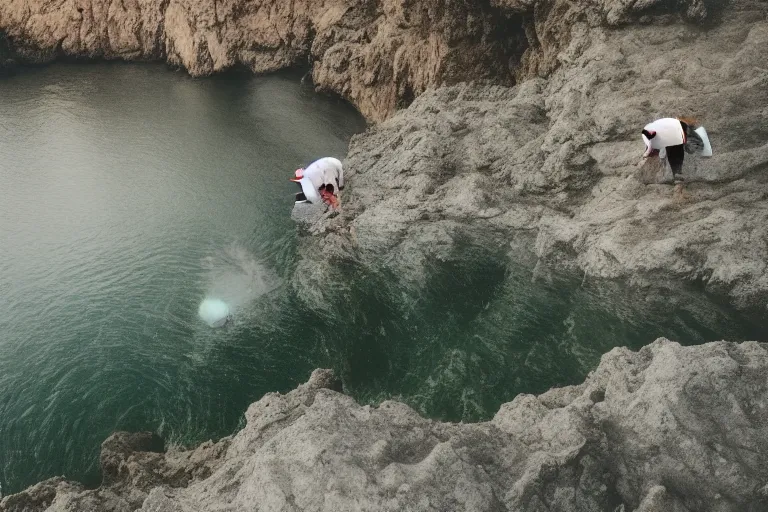 Image similar to a puppy is looking directly at the water below them while they stand at an edge of a cliff