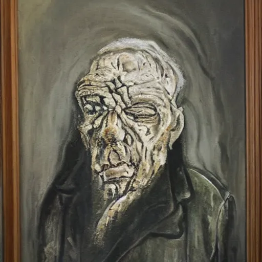 Prompt: a scary painting of an old man covered in mold