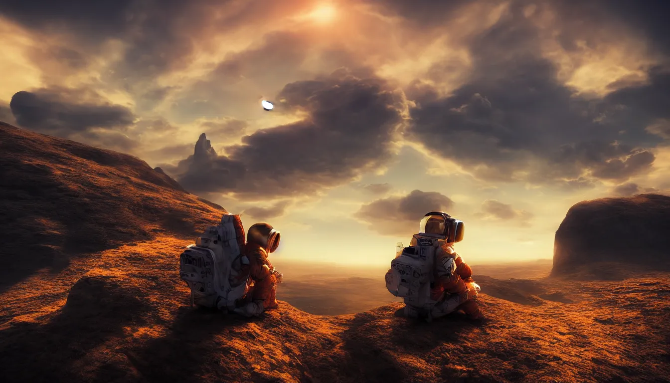 Prompt: lone astronaut sat on top of a mountain looking at the horizon of a unknown planet, extremely close shot from the back, helmet reflection, sunset, cinematic, epic, dark scenario, 8k, award winning, digital art, trending on artstation