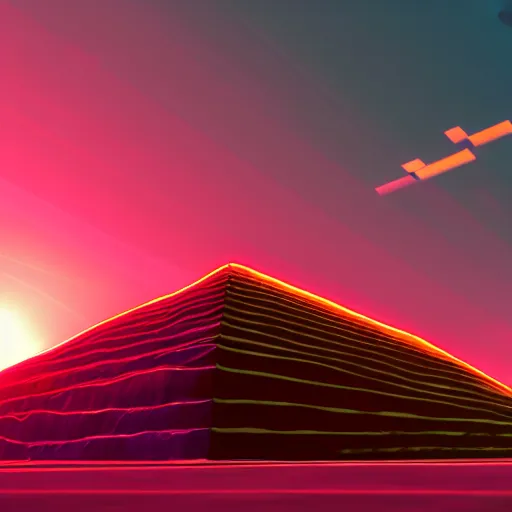 Prompt: ziggurat, photorealist, retrowave, orange color scheme, vivid lighting, sunset, digital art, rendered in unreal engine