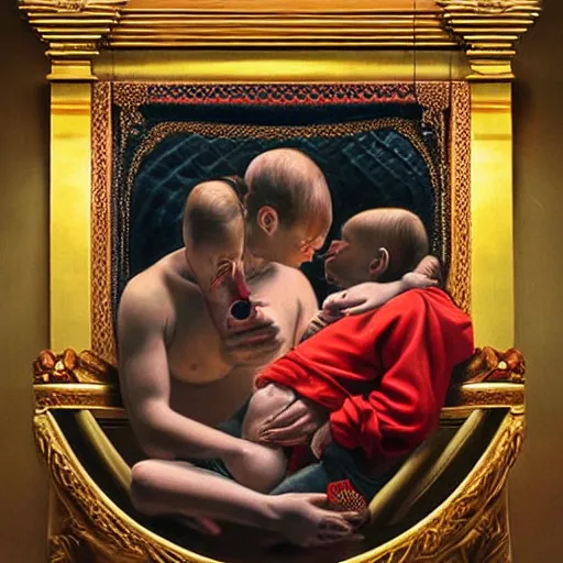 Image similar to hyperrealism oil painting of a baby giving blood to a handsome man, strong jaw, symmetrical, sitting in a gilded throne, tubes coming out of the man's arm, getting a blood transfusion. in the style of realism mixed with japanese book art and art deco. detailed. beautiful