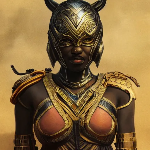 Prompt: a wakandan warrior in dieselpunk style armor, deviantart, ultra realistic, concept art, intricate details, eerie, horror, highly detailed, photorealistic, octane render, 8 k, unreal engine. art by artgerm and greg rutkowski and alphonse mucha