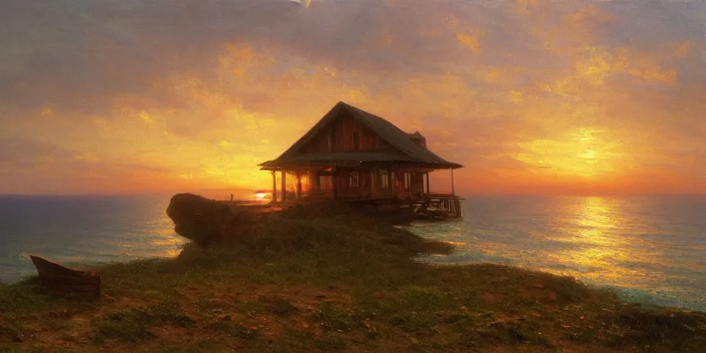 Image similar to sunset over a wooden cabin on the coast in the distance, sea, oil painting, very detailed, colorful, cinematic lighting, albert bierstadt, trending on artstation