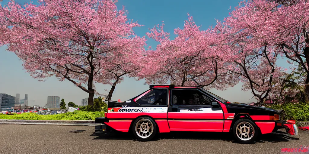 Image similar to toyota ae 8 6 sprinter in china, sakuras blooming, sunset, 8 k, realistic,