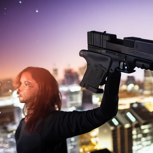 Image similar to photographic portrait of a techwear woman holding a Glock 18, closeup, on the rooftop of a futuristic city at night, sigma 85mm f/1.4, 4k, depth of field, high resolution, 4k, 8k, hd, full color