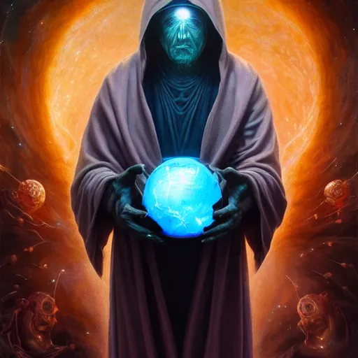 Image similar to the creator of worlds wearing a cloak and holding a holographic planet projection in his hand, detailed, sci - fi, digital painting, artstation, sharp focus, illustration, ominous, artgerm, tomasz alen kopera, peter mohrbacher, donato giancola, joseph christian leyendecker, wlop, frank frazetta