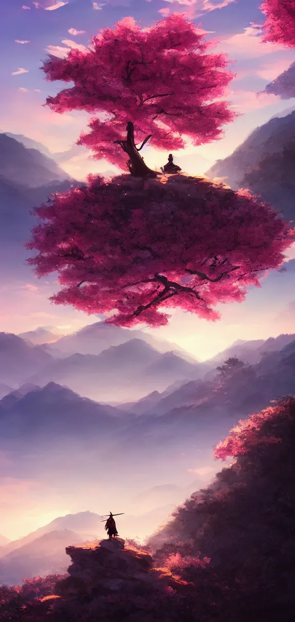 Prompt: samurai resting on a mountain top, cool dawn sky, sakura tree by sylvain sarrailh, rossdraws, ambient light, ultra detailed, fantasy artwork, 8 k, volumetric lighting, trending on artstation, award winning, very beautiful.