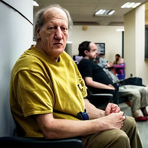 Prompt: werner herzog sits with a pair of bolt cutters in the waiting area of the dmv. wide angle, style of edward hopper, wes anderson, chris ware, award winning, photo realistic, dynamic lighting, very detailed face, 4 k