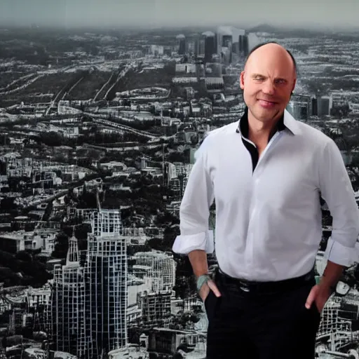 Image similar to a giant middle aged balding blue eyed white man dressed in a white shirt, gray pants and black dress shoes standing in a miniature city