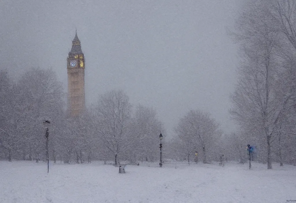 Prompt: big ben covered in snow in a snowy forest in the style of claude monet, digital art.