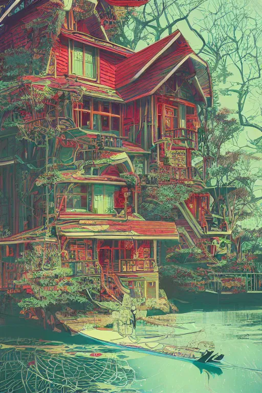 Prompt: stunning cottage on a river, artstation winner by Victo Ngai, Kilian Eng and by Jake Parker, swirly vibrant color lines, winning-award masterpiece, fantastically gaudy, aesthetic octane render, 8K HD Resolution