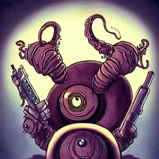 Image similar to Eyeless orb monster with many ears, tentacles holding guns, D&D, high quality, trending on artlist