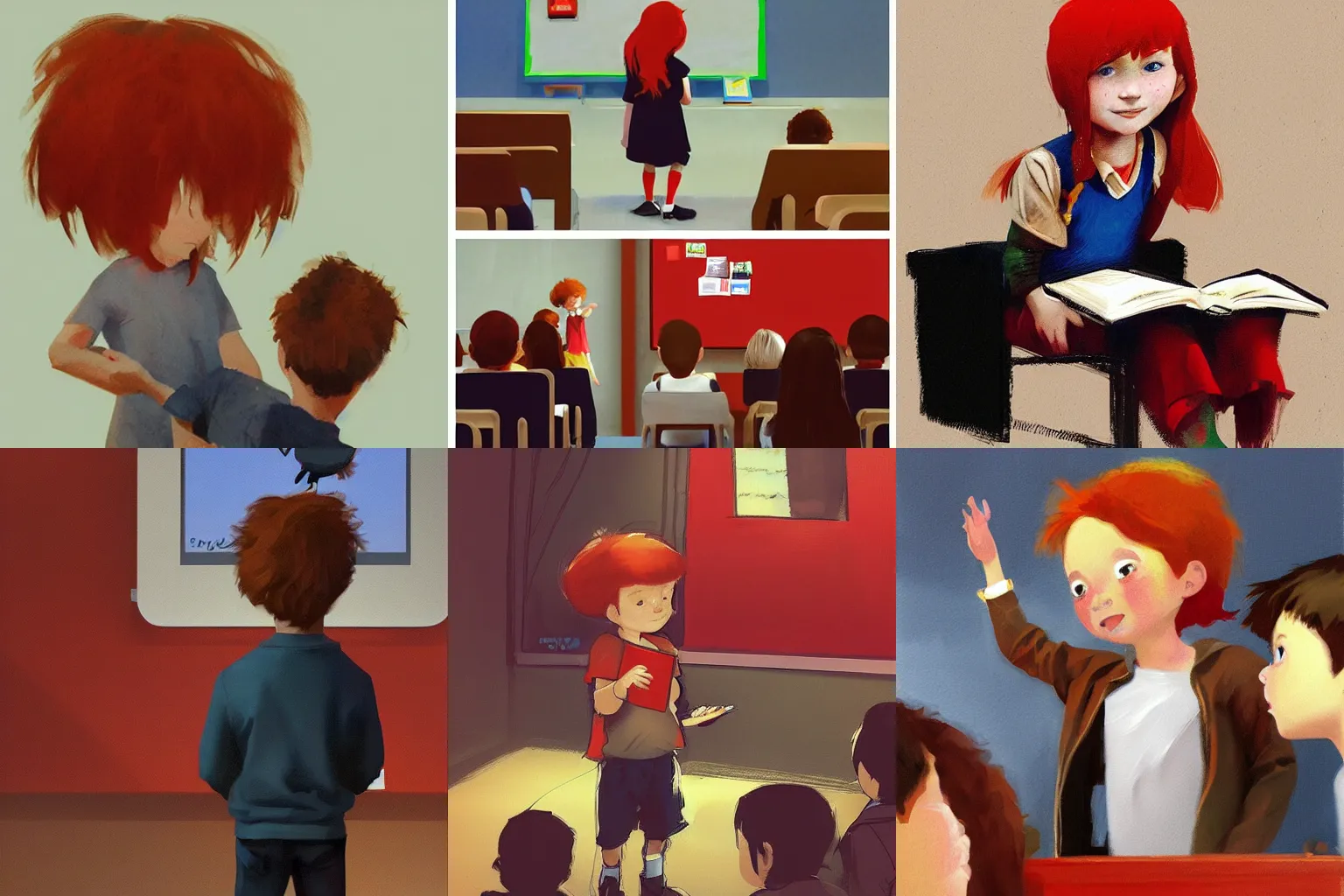 Prompt: a red headed child giving a presentation in a classroom, flat graphic style, children's book illustration by Craig Davison, trending on artstation