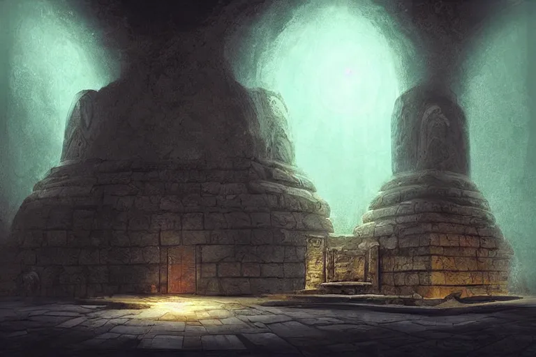 Image similar to “Ancient underground temple in dim lighting, concept art, digital painting by Shaddy Safadi”