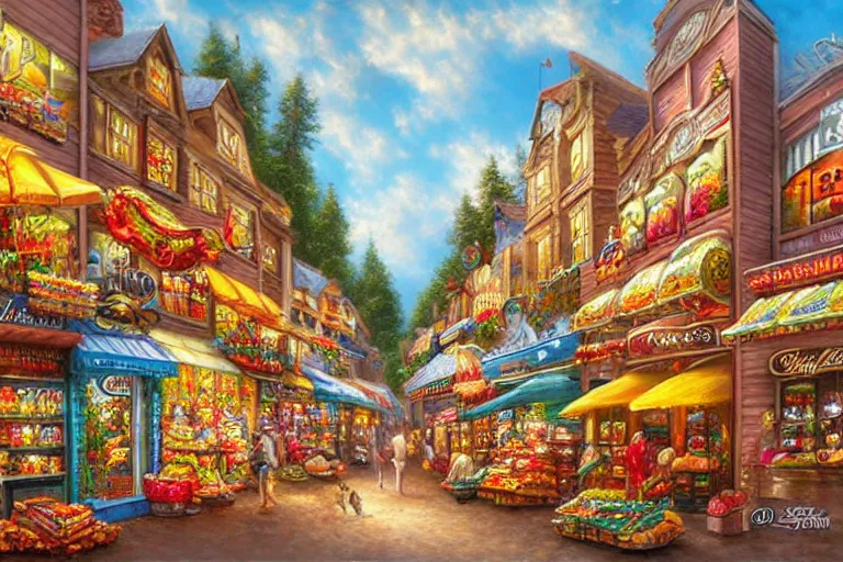 Image similar to a shopping street made completely from different kinds of candy, created by Mark Keathley