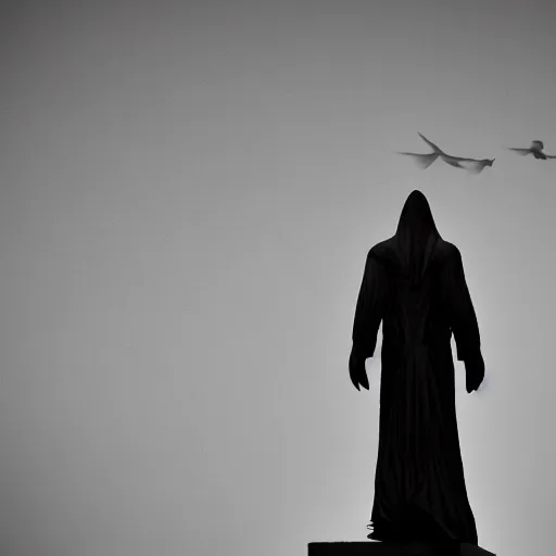 Prompt: a man dressed in black with large black wings, a statue by kubisi art, trending on cgsociety, afrofuturism, angelic photograph, national geographic photo, made of feathers