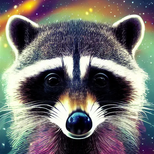 Image similar to portrait from a raccoon, feathers, bird, avian, wings, synthwave, universe background, nebula, galaxy, artstation